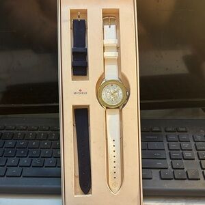 Michele Gold and Cream Watch with Dark Blue Strap